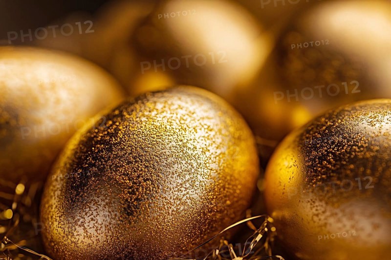 Close up of shiny golden easter eggs with glitter. Generative AI, AI generated
