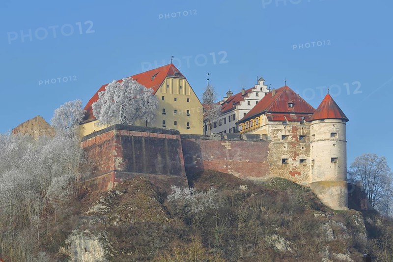 Medieval Hellenstein Castle in winter, hoarfrost, snow, frost, mountain, Heidenheim an der Brenz, Swabian Alb, Baden-Württemberg, Germany, Europe