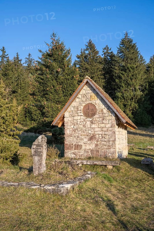 The limestone chapel built in 1861, called Steineberg Chapel, was completely rebuilt in 1993, Klippeneck, Denkingen, Tuttlingen district, Baden-Württemberg, Germany, Europe