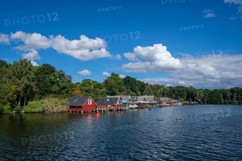 Schwerin, Mecklenburg-Vorpommern, Germany, boathouses on the Ziegelsee, in the 1970s some sections of the shore were developed with many boathouses and today the area is increasingly developing into an attractive residential location under the motto Living on the water in the seven-lake landscape in Schwerin, Europe