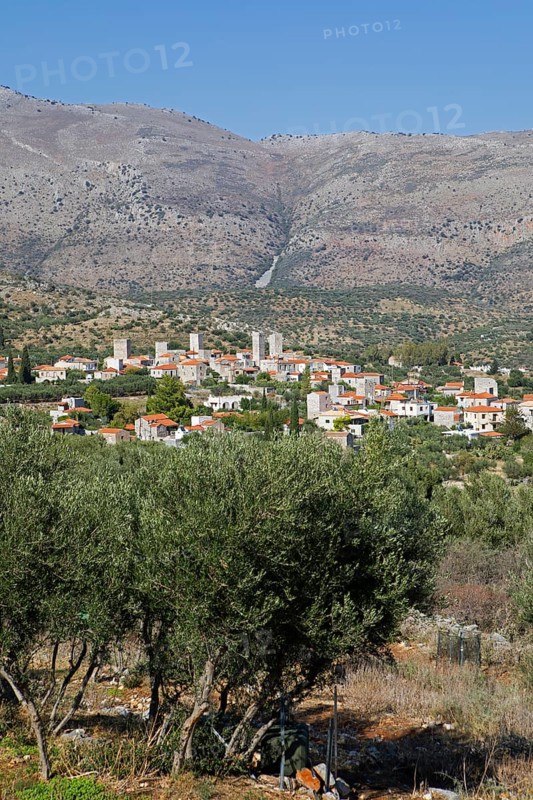 Flomochori fortified village on the Mani, olive groves in front, Laconia, Peloponnese, Greece, Europe