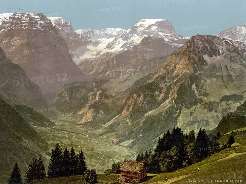 View of the Glarus Alps, Selbsanft, Piz Urlu, Todi, seen from Rubschen Braunwald, Glarus, Switzerland, Historic, digitally restored reproduction from a 19th century original, Record date not stated, View of the Alps of Glarus, seen from Rubschen Braunwald, Switzerland, Historic, digitally restored reproduction from a 19th century original, Record date not stated, Europe