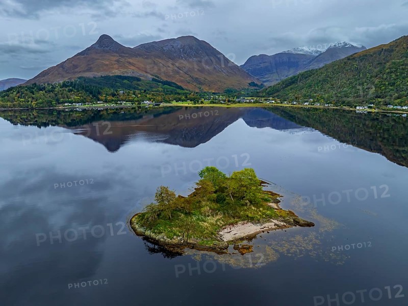 Mountains reflected in fjord, coast, island, autumn, cloudy, aerial view, Loch Leven, view of Glencoe, Scotland, Great Britain