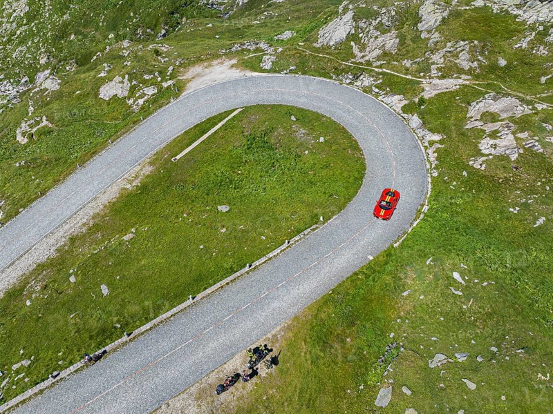 La Tremola, world-famous serpentine road through the Val Tremolo, road construction monument, Alpine pass with 24 hairpin bends. Old Gotthard Pass. Drone photo. Airolo, Canton Ticino, Switzerland, Europe
