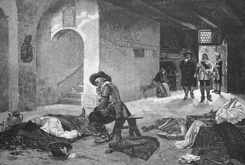 The deceased comrade of the musketeers lies on the ground, his armour has already been removed, Historical, digitally restored reproduction from a 19th century original, c. 1890, Record date not stated