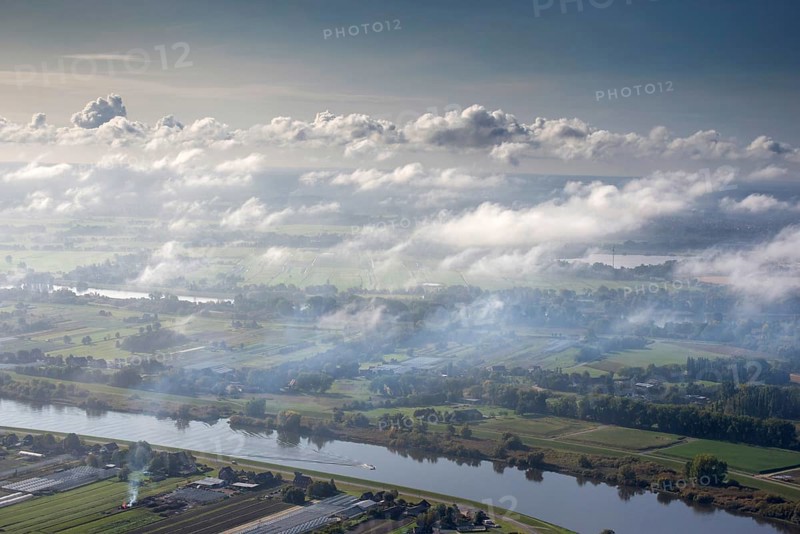 Aerial view, fog, autumn, season, clouds, convection, river, lowland, October, Elbe, Norderelbe, Marschlande, Bergedorf, Hamburg, Germany, Europe