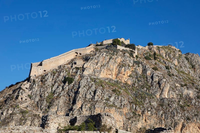 Venetian fortress Palamidi on the city hill of Nafplio, on the right the Argolic Gulf, Argolis, Peloponnese, Greece, Europe