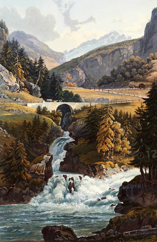 View of the Rhine Falls and the Aversbach stream in Roflen, Canton Graubünden, Switzerland, view from around 1830, digitally restored reproduction of a 19th century model by Johann Ludwig Bleuler (12 February 1792 - 28 March 1850), Swiss draughtsman and painter, Europe