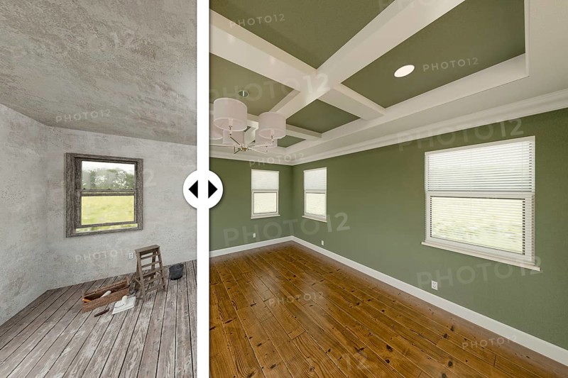 Before and after slider comparing the unfinished condition and the completed green painted and remodeled room interior