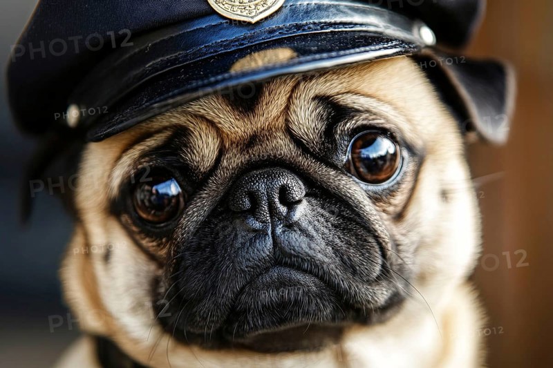Portrait of Pug dog with police officer costume hat. Generative AI, AI generated