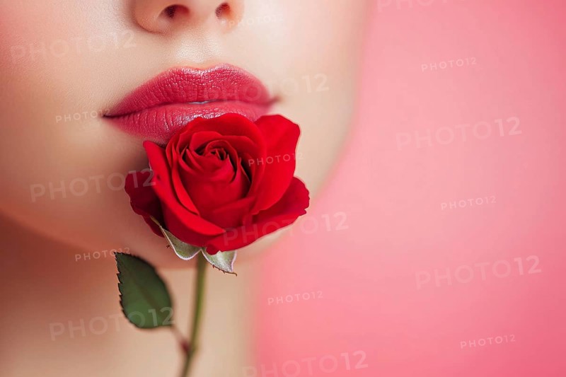Close up of red rose and woman'S lips in front of pastel studio background. Generative AI, AI generated