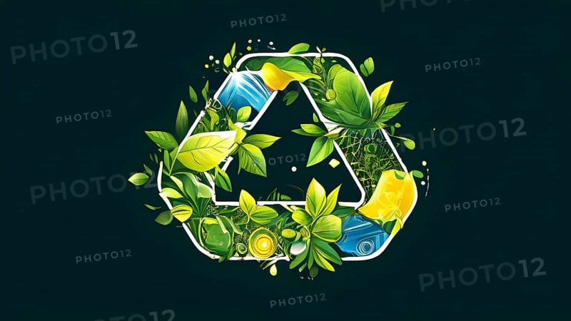 Recycling symbol morphing into growing plants and solar cells to symbolize the transformation of waste into renewable resources, AI generated
