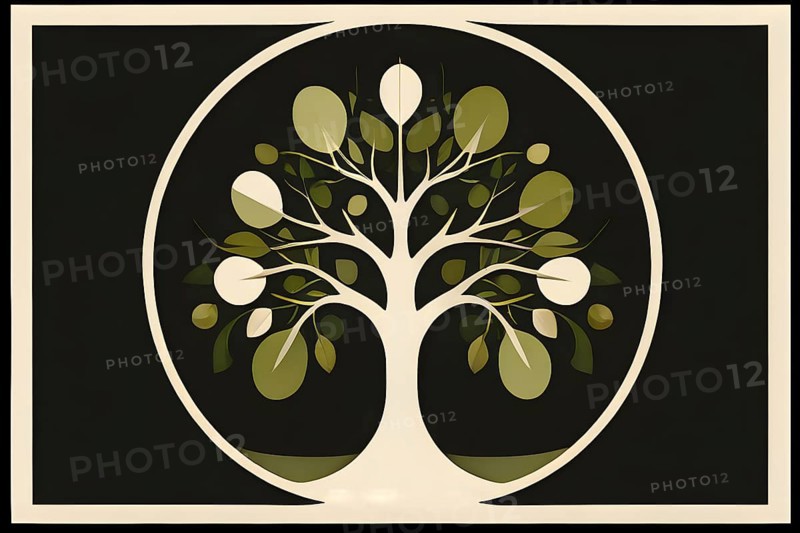 Abstract geometric tree with a circular canopy and a rectangular trunk, arranged in a clean, balanced design with a limited color palette of olive green, deep brown, and ivory, AI generated