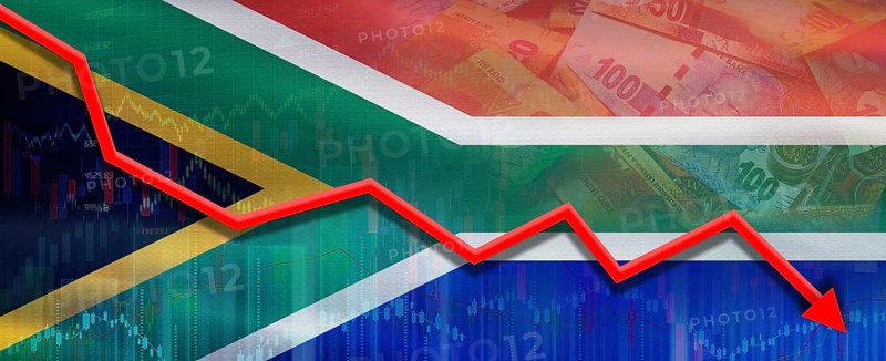 South Africa financial crisis on economic graph. Financial fall of South Africa on economy market