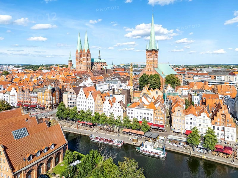 Lübeck old town with river Trave aerial view in the Hanseatic city of Lübeck, Germany, Europe