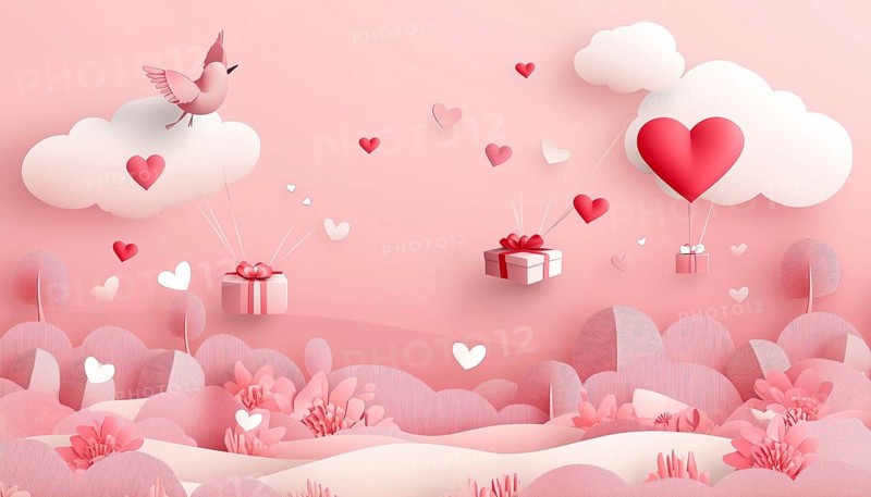 Valentine's Day gift with heart balloon greeting card banner on pink background gifts generated in Stuttgart, Germany, KI, AI generated, Europe