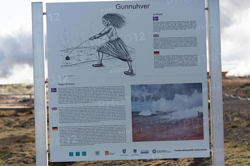 Information plate. Steam evaporating of the ground at Gunnuhver, close to Reykjanes lighthouse. Gunnuhver is the heart in a future geopark, Iceland´s larges mud pool, geothermal area
