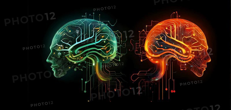 Abstract brain split into two halves, one side athletic motion, the other side neural network, vibrant colors, symbol for artificial intelligence in sport, AI generated
