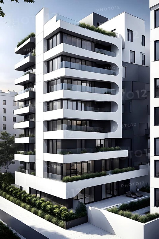 Rendering of a modern real estate apartment building in clean geometric forms in black and white, AI generated