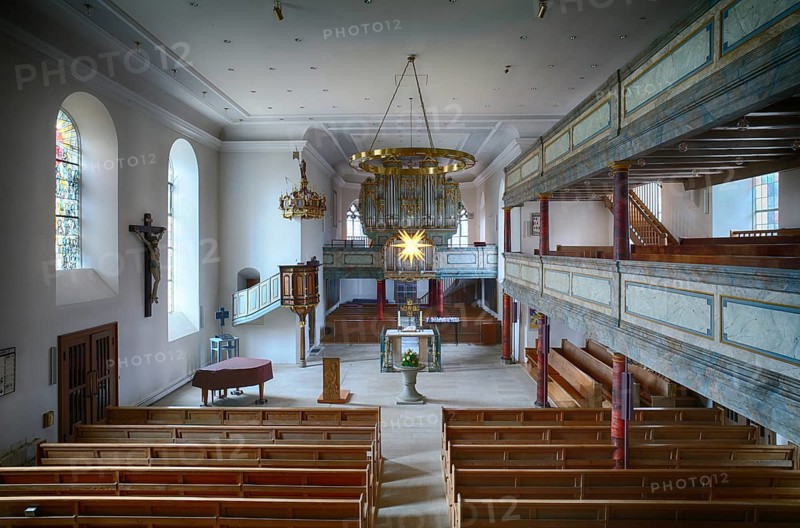 Organ, gallery, chancel, Luther Church, Fellbach, Baden-Württemberg, Germany, Europe