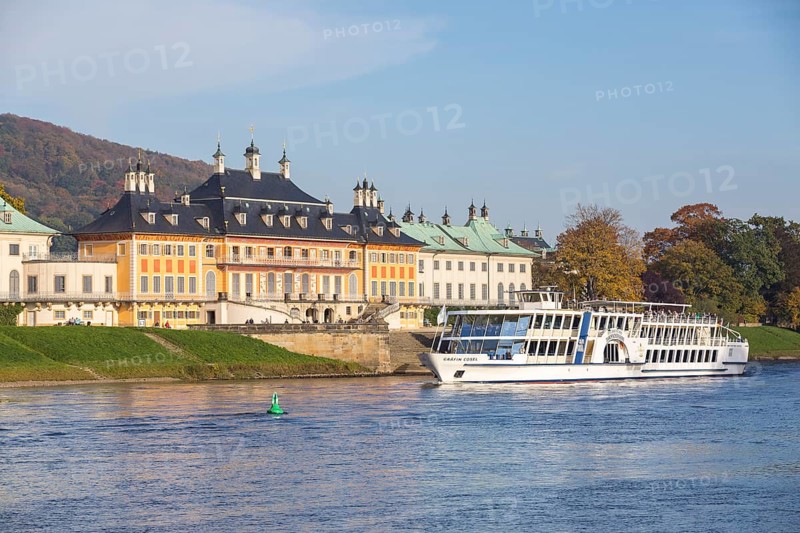 Excursion steamer Gräfin Cosel in front of the water palace of Pillnitz Castle, seen across the Elbe, Dresden, Saxony, Germany, Europe