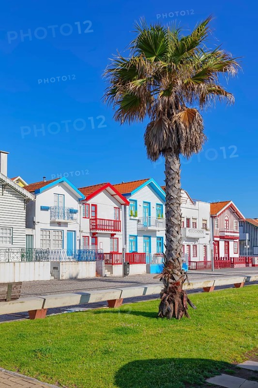 Traditional wooden striped houses, Costa Nova do Prado, Aveiro, Portugal, Europe