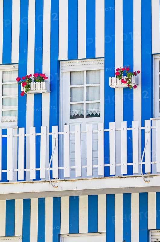 Traditional wooden striped house facade, Costa Nova do Prado, Aveiro, Portugal, Europe