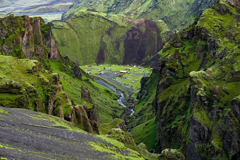 Campsite in a canyon, Moss-covered volcanic mountain landscape, Pakgil, Iceland, Europe