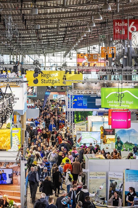 CMT tourism trade fair in Stuttgart. According to the trade fair organiser, the Caravan, Motor, Tourism trade fair is the world's largest public trade fair for travel, tourism and leisure. With 2175 exhibitors, all exhibition halls are fully booked. Stuttgart, Baden-Württemberg, Germany, Europe