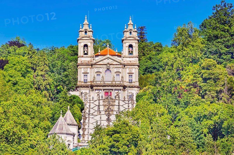 View of Bom Jesus do Monte santuary immersed in the greenery of the surrounding woods, Braga, Minho Province, Portugal, Europe