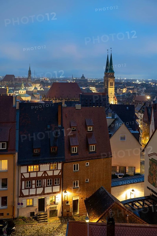 View of the city from the Imperial Castle with St Seebald's Church and St Lorenz, Blue Hour, Nuremberg, Middle Franconia, Franconia, Bavaria, Germany, Europe