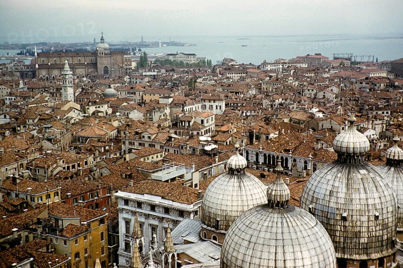 Roofs of buildings, church domes and towers, Venice, Italy 1957