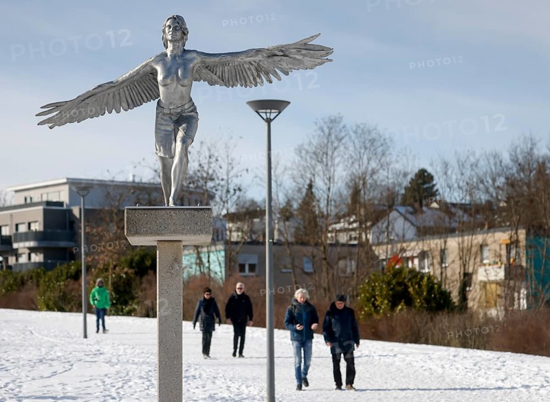 Dortmund, North Rhine-Westphalia, Germany - Emscher art in the Ruhr area in winter with ice and snow at Lake Phoenix, SPIRITS OF THE EMSCHER VALLEY, VOGELFRAU, 2016, Studio Orta