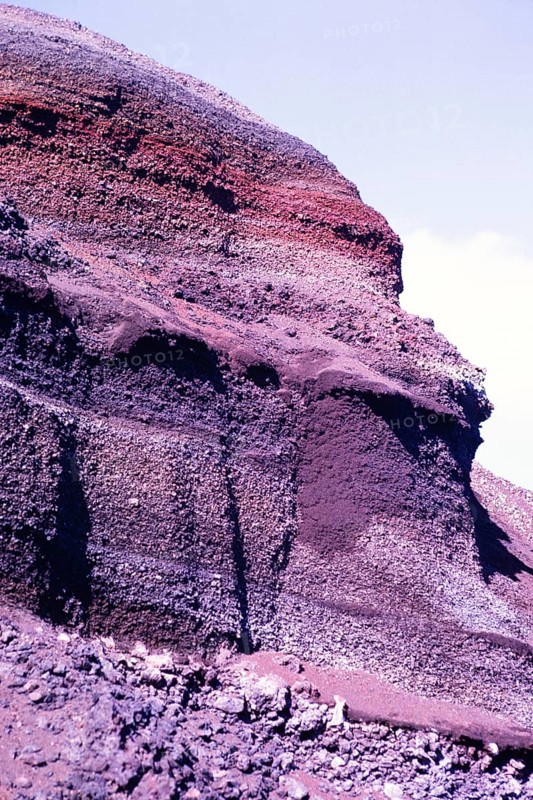 Layers of volcanic rock in the cross-section of a cliff, Lanzarote, Canary Islands, Spain 1979