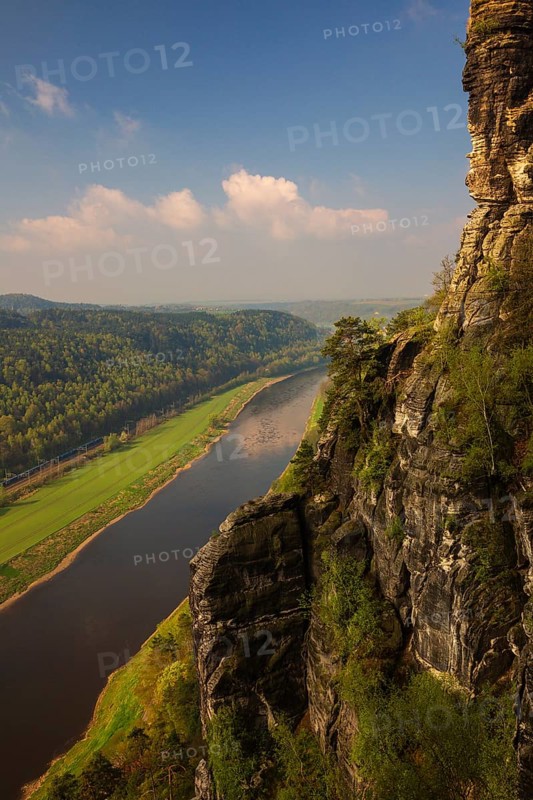 Elbe river seen from the Bastei rocks near the village of Rathen in Saxon Switzerland National Park, Saxony, Germany, Europe