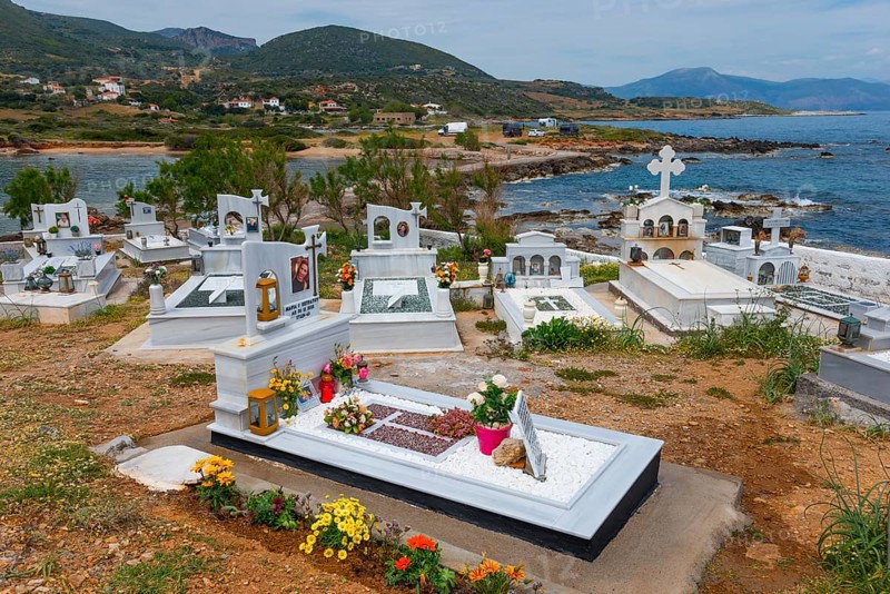Cemetery with sea view, numerous graves with floral decorations, cemetery, Agios Fokas, Monemvasia, Peloponnese, Greece, Europe