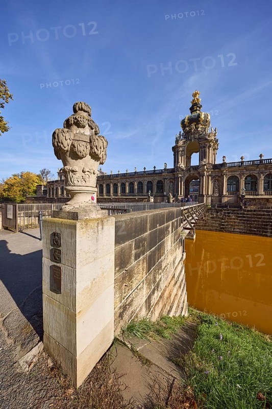 Dresden Zwinger, architectural style baroque, crown gate with moat bridge, entrance, city fortification, blue sky with veil clouds, ornaments pot, moat, Sophienstrasse, Dresden, state capital, independent city, Saxony, Germany, Europe