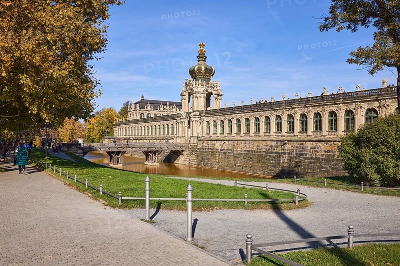 Dresden Zwinger, Baroque architectural style, gardens with lawn and path, crown gate, moat, Dresden, state capital, independent city, Saxony, Germany, Europe