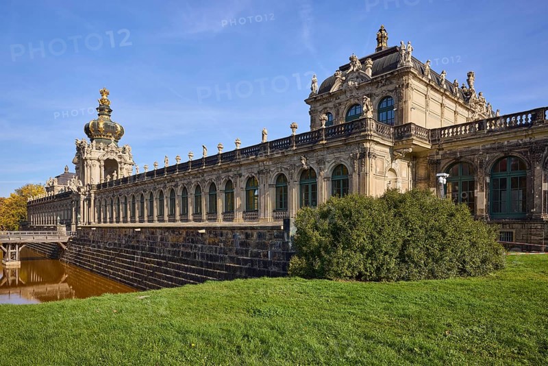 Dresden Zwinger, Crown Gate with bridge, Wallgraben, Long Gallery, Dresden, state capital, independent city, Saxony, Germany, Europe