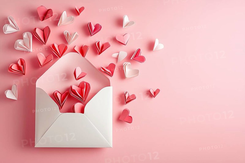 Valentine's Day love letter with envelope and hearts on pink background generated with copy space Copyspace in Stuttgart, Germany, KI, AI generated, Europe