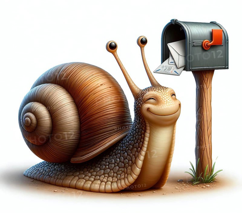 A snail with a snail shell on a letterbox, symbol image snail mail, letter post, postal system, transport, communication, Deutsche Post, news, AI generated, AI generated