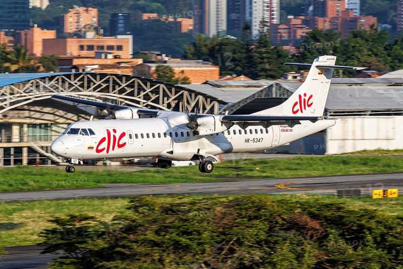 A Clic ATR 72-600 aircraft with registration HK-5347 at Enrique Olaya Herrera Airport in Medellin, Colombia, South America