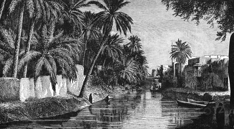 Wide canal near Baghdad, oasis, palm garden, buildings, boats, travelling in Asia, Iraq, historical illustration 1887, Asia