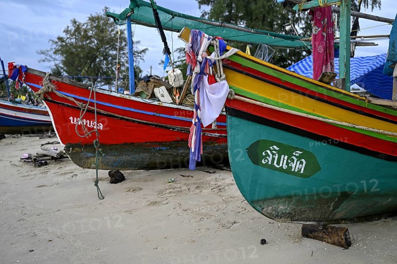 Fishing boats on the beach of Chathing Phra, near Hat Yai, Songkhla province, Thailand, Asia