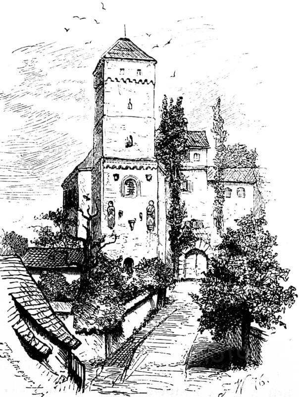 Pagan tower of the imperial chapel at the castle in Nuremberg, Middle Franconia, Bavaria, travel, Germany, historical illustration 1885, Europe