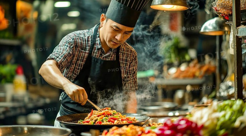 Thai asian cuisine. Chef in apron preparing delicious thai deep fried food over the fire., AI generated
