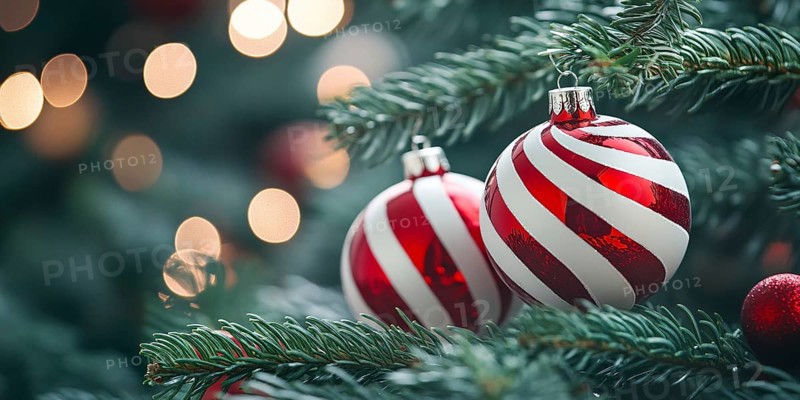 Christmas banner with bauble ornaments with red and white stripes on tree with copy space. Generative AI, AI generated