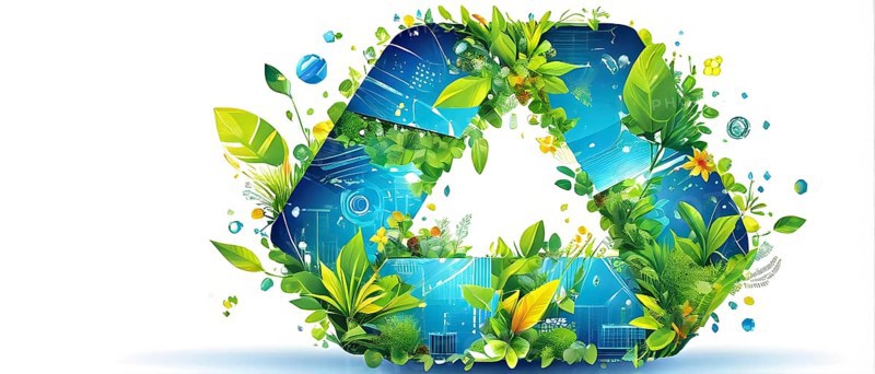 Recycling symbol morphing into growing plants and solar cells to symbolize the transformation of waste into renewable resources, AI generated