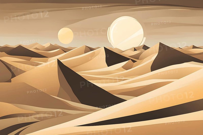 Abstract desert scene with triangular sand dunes and a single circular sun, using sharp lines and subtle gradients in neutral earth tones, AI generated