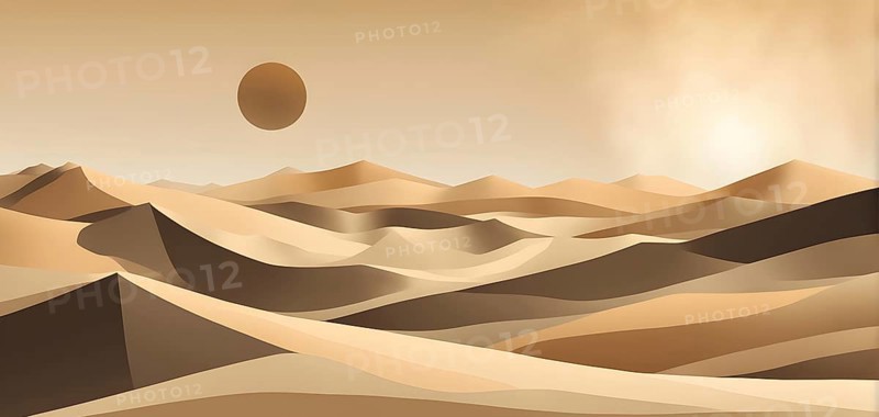 Abstract desert scene with triangular sand dunes and a single circular sun, using sharp lines and subtle gradients in neutral earth tones, AI generated